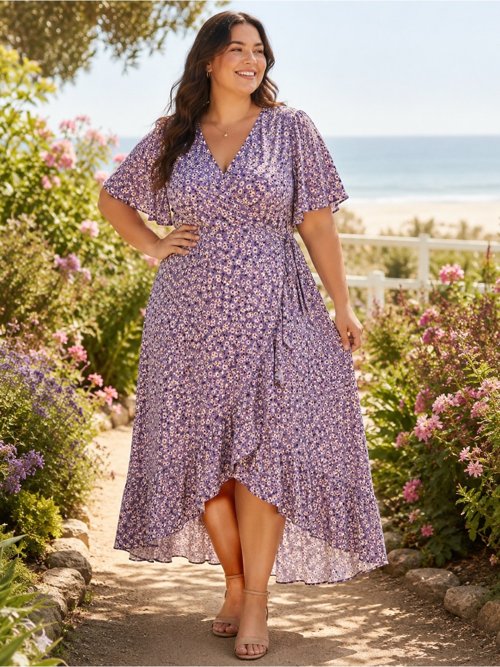 Women's Purple Floral High-Low Dress with Flutter Sleeves